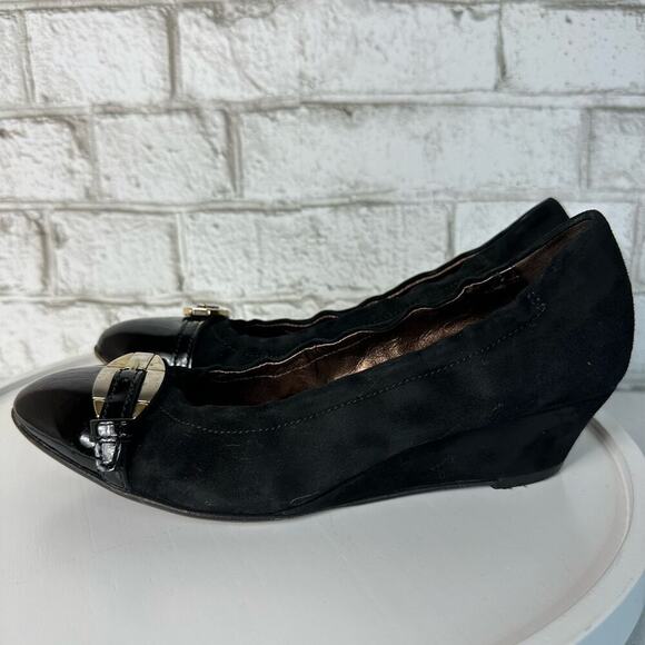 AGL Black Heels Attilio Giusti Leombruni Suede Leather Wedge Kitten Buckle 37 7 - Picture 14 of 14